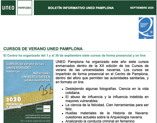 Publicado el boletín informativo de septiembre de UNED Pamplona 
